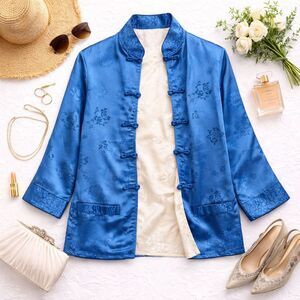 Vintage Reversible Asian Style Satin Jacket Blue Silver S/M